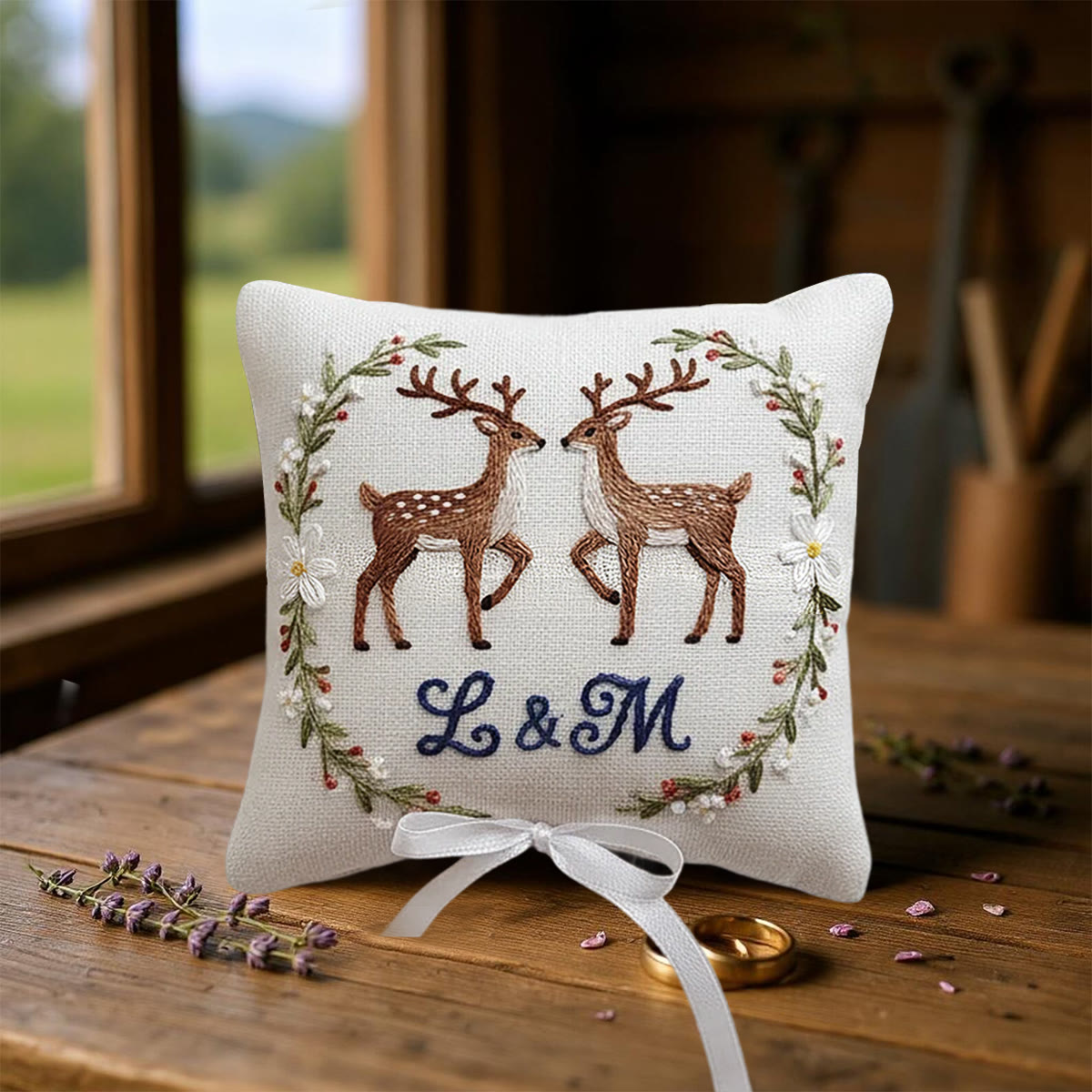 Rubbyoo Personalized Ring Bearer Pillow Embroidery Kit - Twin Deer Monogram Floral Wreath | Adorable Decor Item | Cozy Living Space Accents - image 11