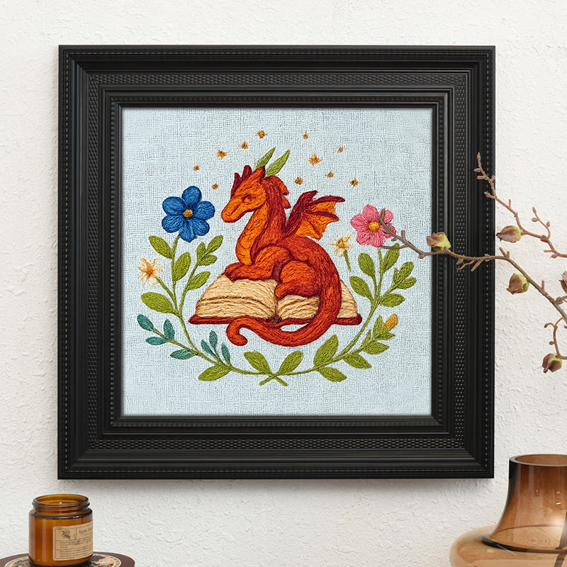 Rubbyoo Embroidery Kit - Red Dragon With Floral Books | Easy Fantasy Handicraft | Nice For Reading Lovers - Embroidery Kit Plus An Extra Frame - image 10