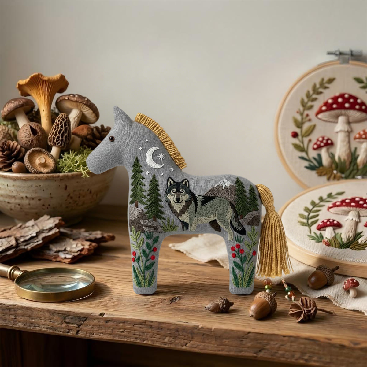 Rubbyoo Dala Horse Embroidery Kit - Grey Wolf And Mountain | Unique Handmade Gift | Car Rearview Mirror Hanging Accessory - image 5