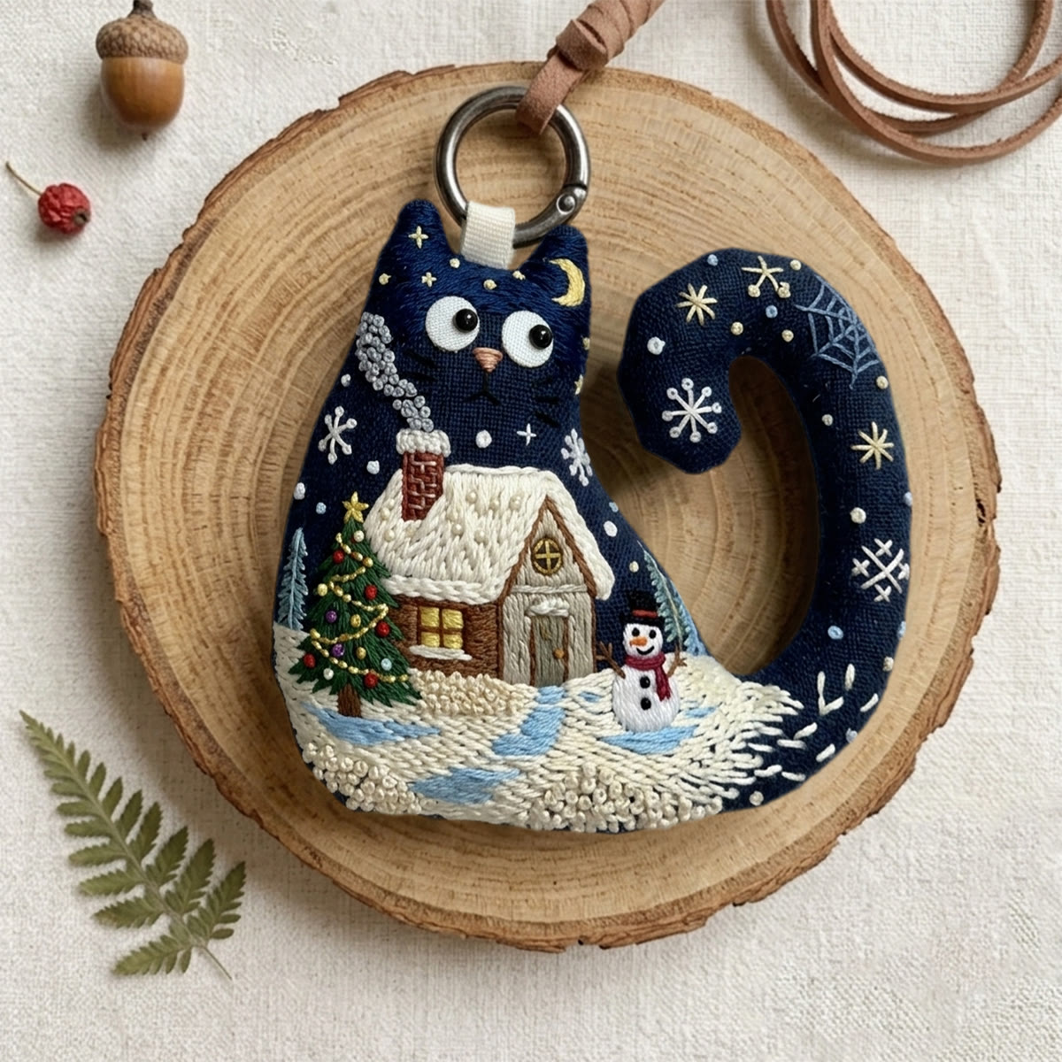 Rubbyoo Cat Embroidery Kit - Log Cabin In Snowy Night | Unique Gift For Crafters | Window Hanging Decor - image 4