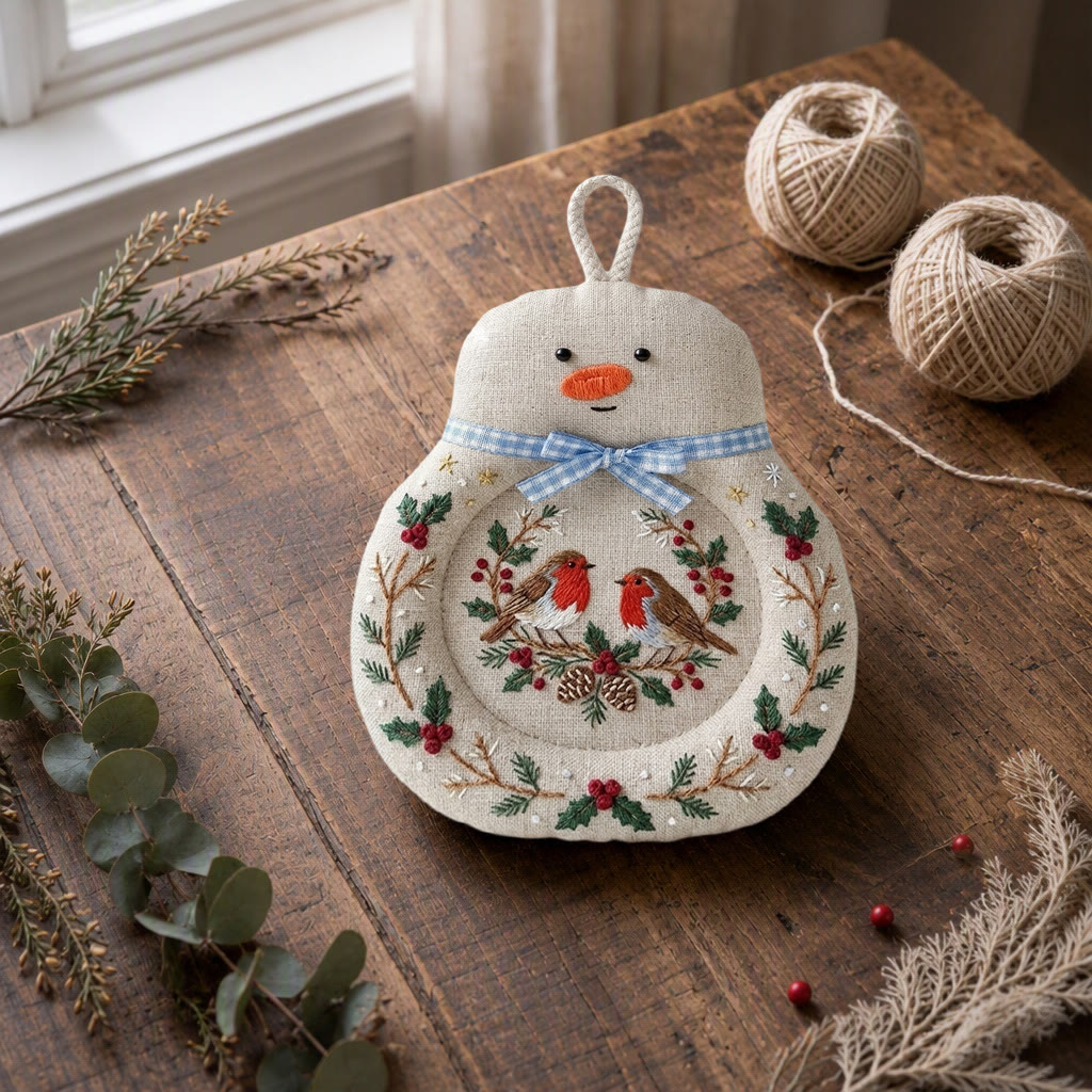 Rubbyoo Snowman Coaster Embroidery Kit - Christmas Togetherness Robin Couple | Round Fabric Cup Mat | Heritage New Year Keepsake For Loved Ones - image 4