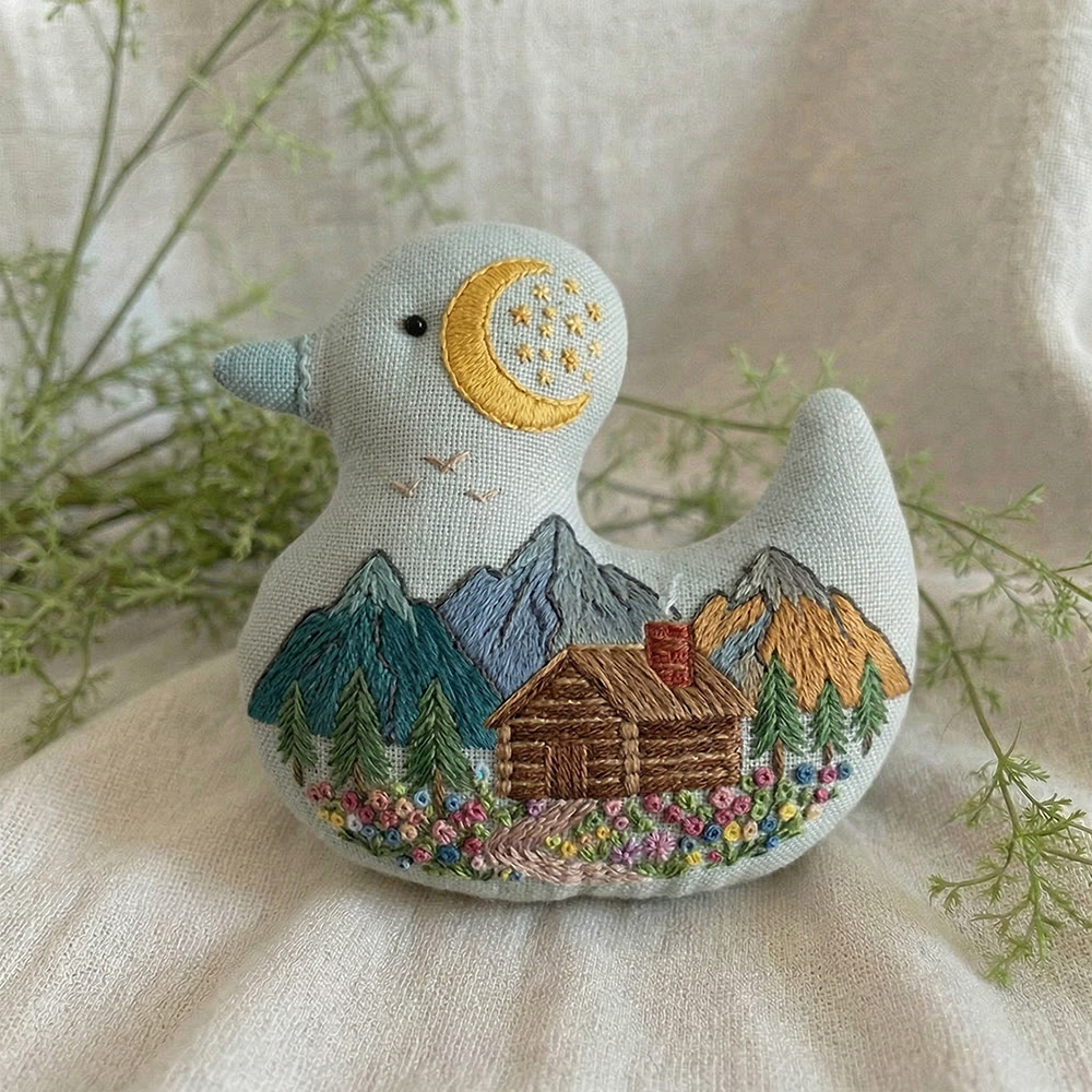 Rubbyoo Duck Embroidery Kit - Serene Moonlit Mountain Cabin View | Bag Hanging Charm | Lovely Handmade Art - image 5