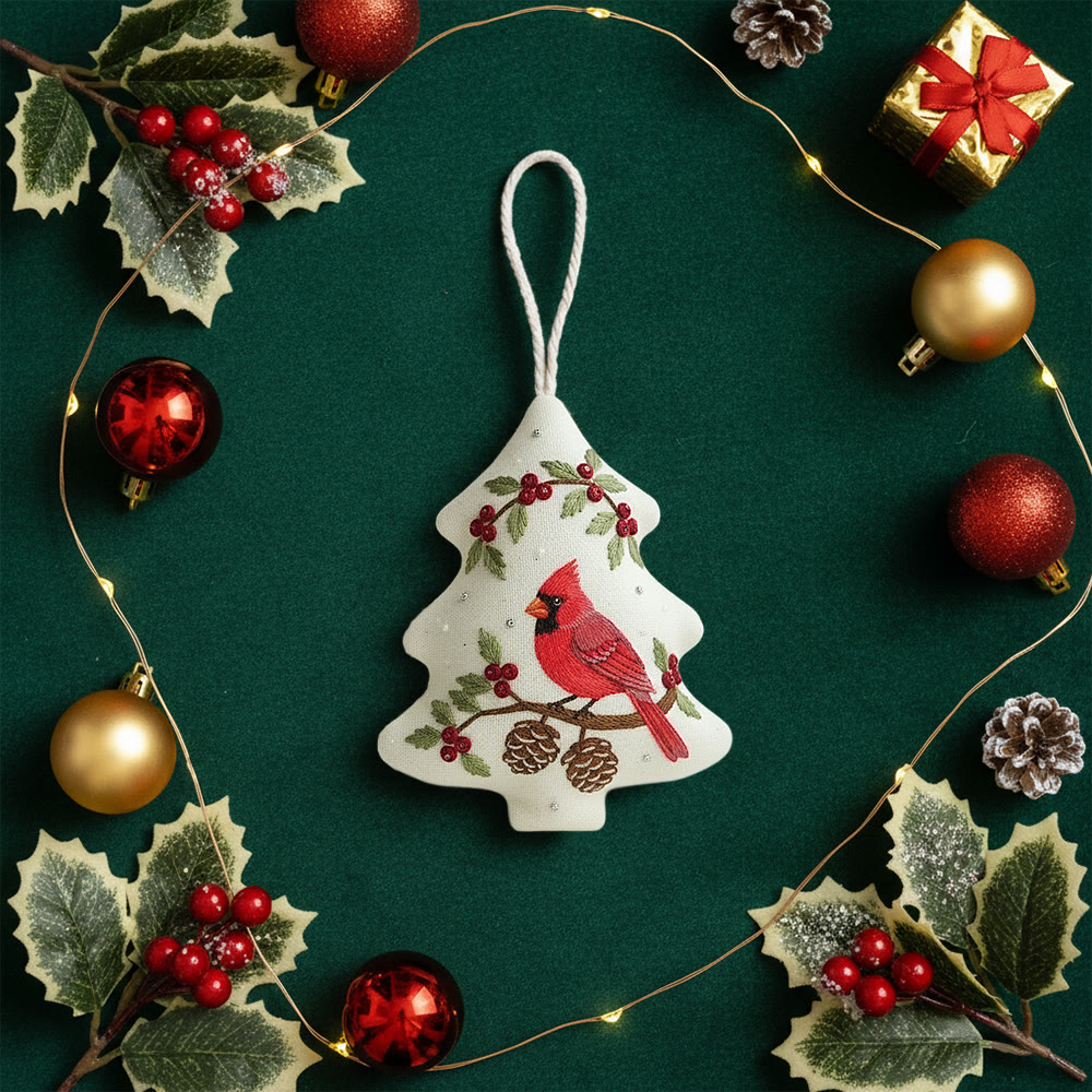 Rubbyoo Tree-shaped Embroidery Kit - Red Cardinal Holly Pinecones | Beginner-Friendly Stitching | Christmas Tree Accent - image 9