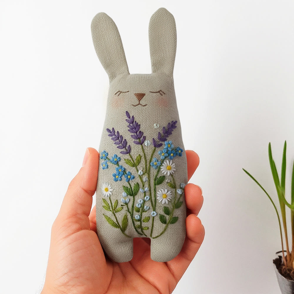 Rubbyoo Bunny Toy Embroidery Kit - Lavender And Blue Floral | Animal Sewing Kit | Diy Bunny Fluffy Toy - 8 inches hoop kit - image 1