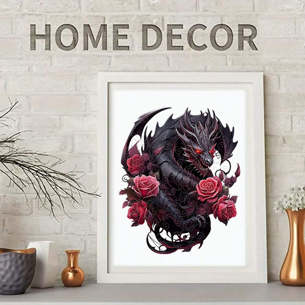 Black Dragon And Roses - Wooden Jigsaw Puzzle