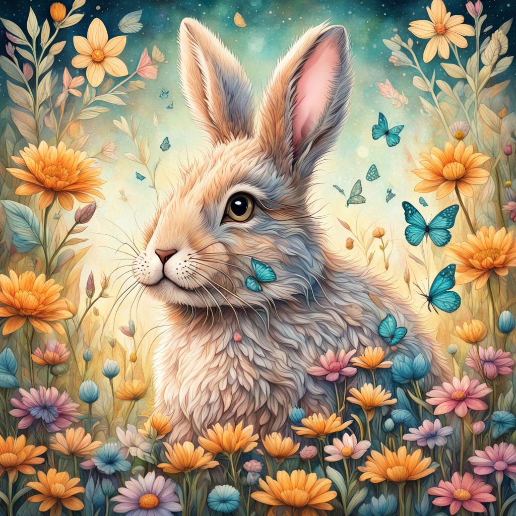 Rabbit Among Butterflies And Flowers - Wooden Jigsaw Puzzle