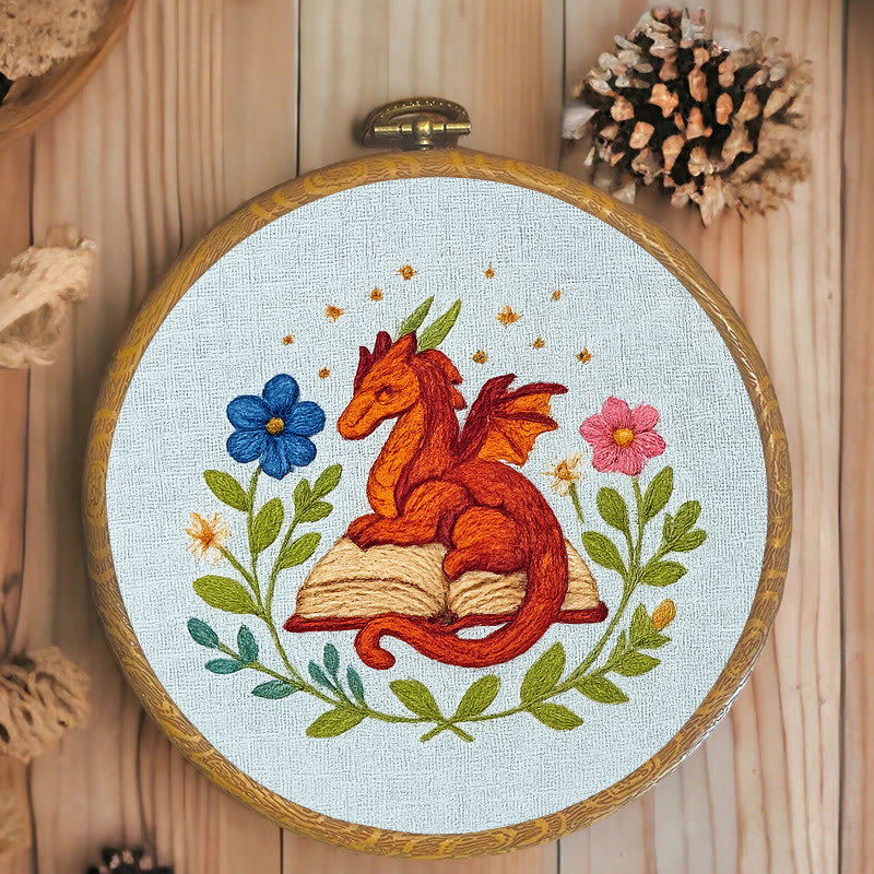 Rubbyoo Embroidery Kit - Red Dragon With Floral Books | Easy Fantasy Handicraft | Nice For Reading Lovers - image 4
