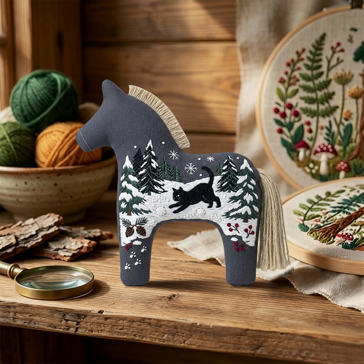 Rubbyoo Dala Horse Embroidery Kit - Black Cat In Snow | Winter Landscape Decoration | Christmas Snow Scene Needlework Gift - image 6