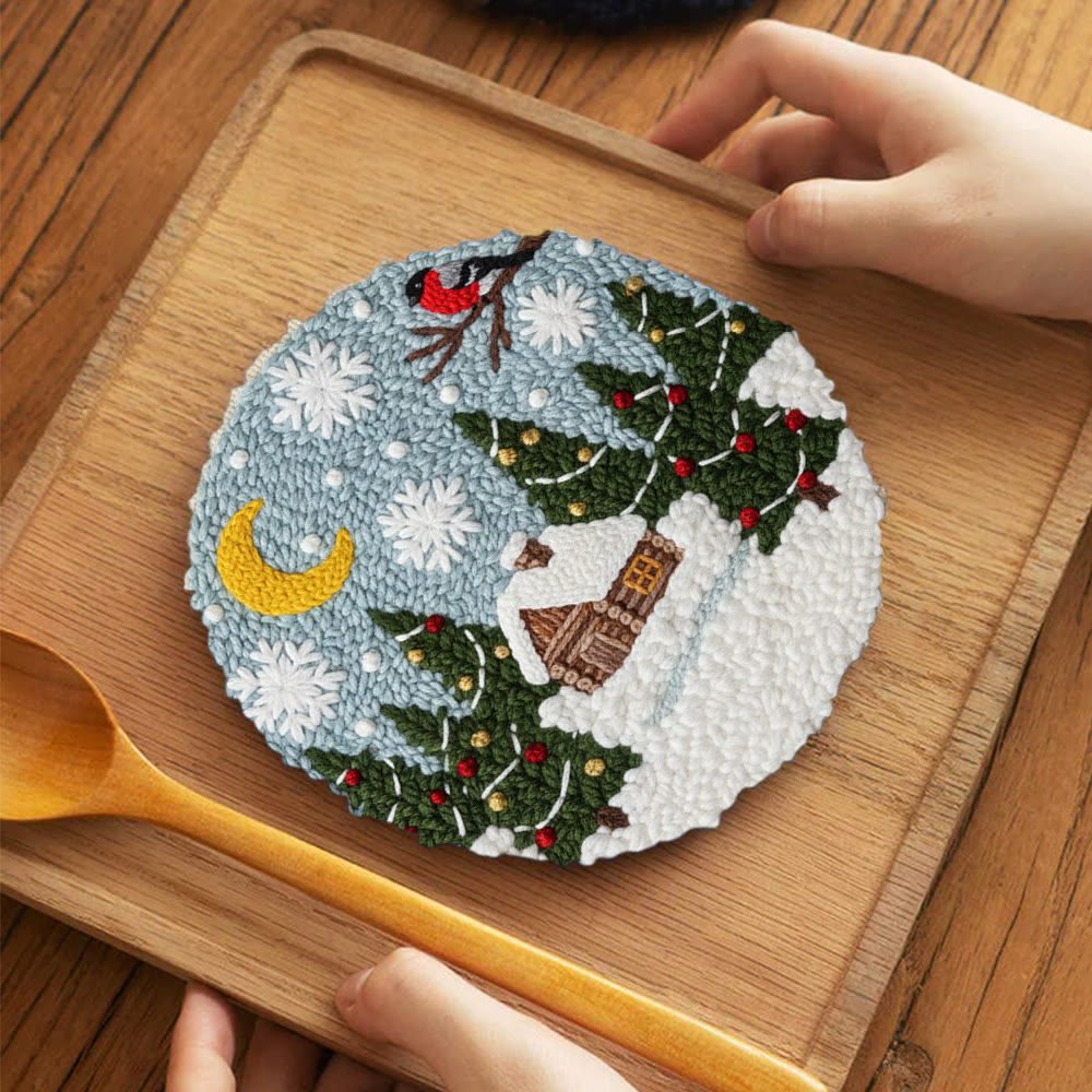 Christmas Snow Cottage Punch Needle Kit – Beginner Craft | Charming Christmas Wall Decor - 5 inch Coaster Kit - image 4