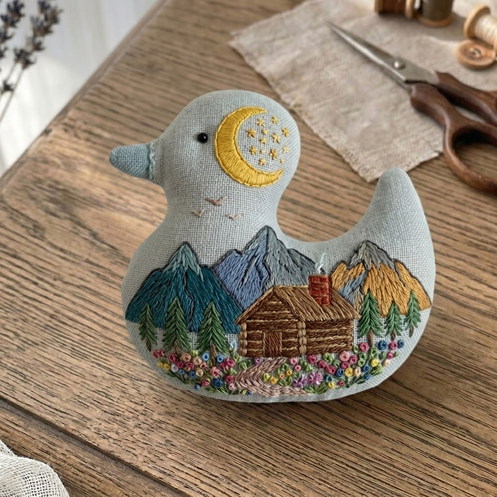 Rubbyoo Duck Embroidery Kit - Serene Moonlit Mountain Cabin View | Bag Hanging Charm | Lovely Handmade Art - image 6