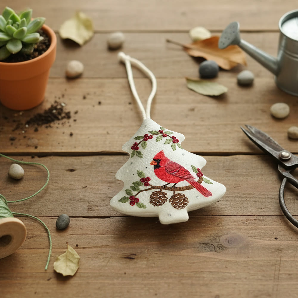 Rubbyoo Tree-shaped Embroidery Kit - Red Cardinal Holly Pinecones | Beginner-Friendly Stitching | Christmas Tree Accent - image 4