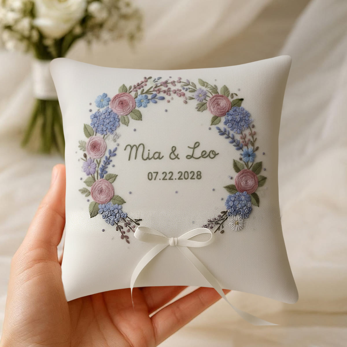 Rubbyoo Personalized Ring Bearer Pillow Embroidery Kit - Pink Rose Hydrangea Floral Wreath | Bespoke Handmade Work | Wedding Table Accents - image 8