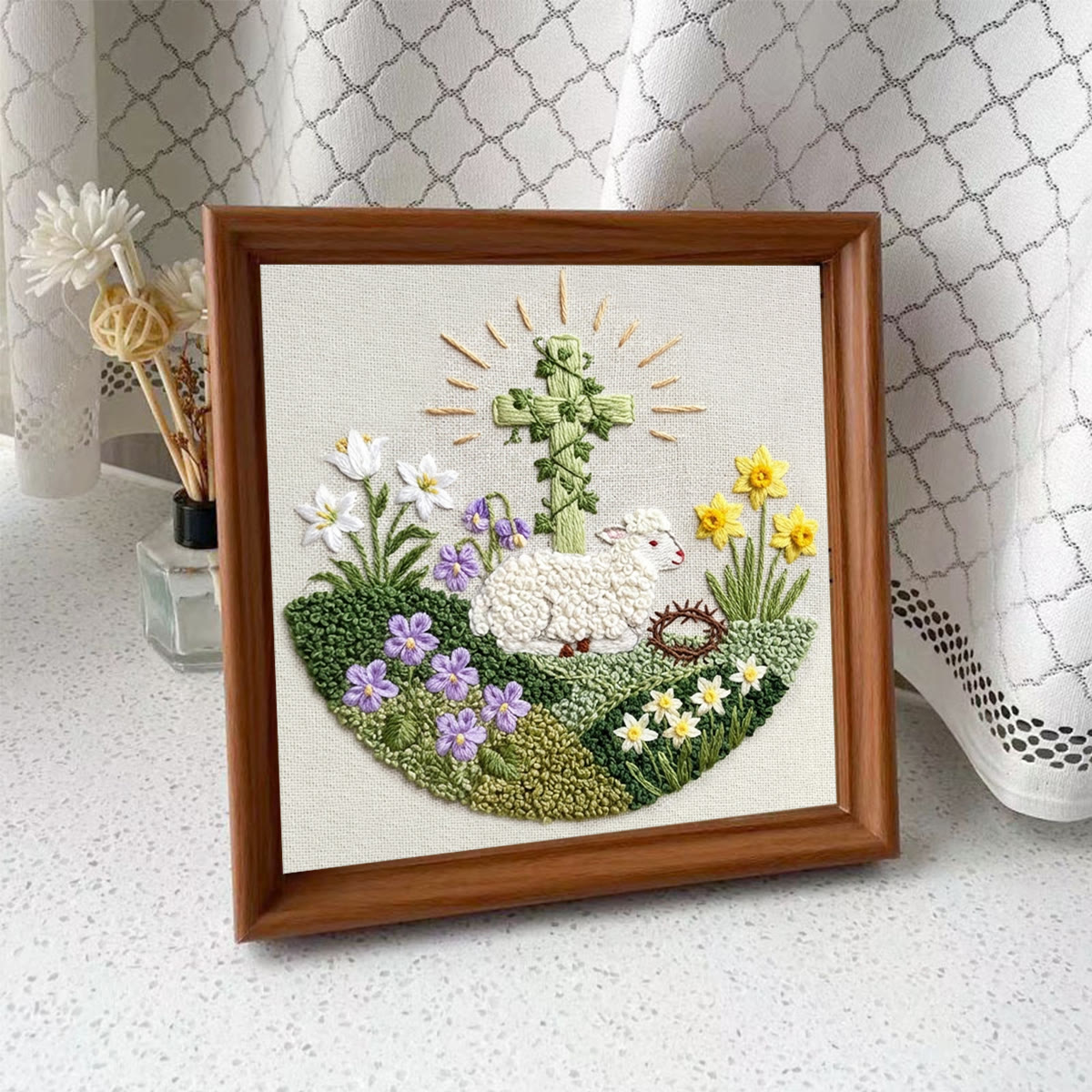 Rubbyoo Embroidery Kit - Floral Lamb With Cross | Diy Hoop Art | Religious Handmade Craft - Embroidery Kit Plus An Extra Frame - image 9