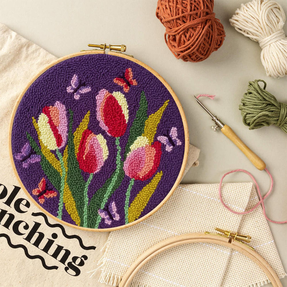 Butterflies And Tulips Punch Needle Kit - Unique Hoop Art | Nice Handmade Gift For Mom - image 8