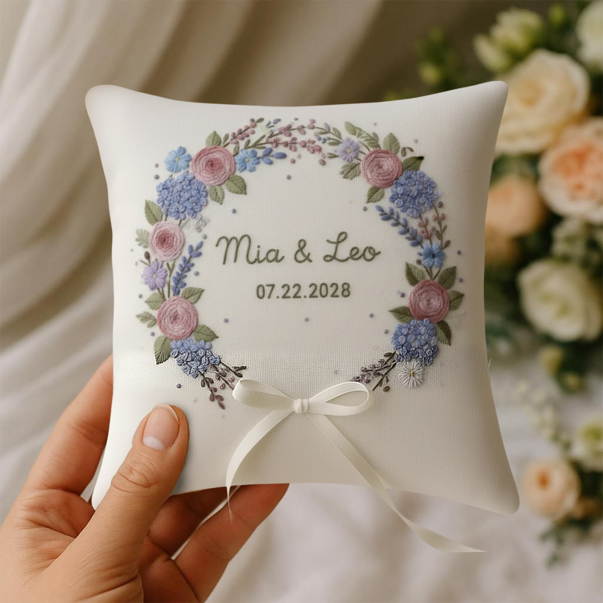 Rubbyoo Personalized Ring Bearer Pillow Embroidery Kit - Pink Rose Hydrangea Floral Wreath | Bespoke Handmade Work | Wedding Table Accents - image 9