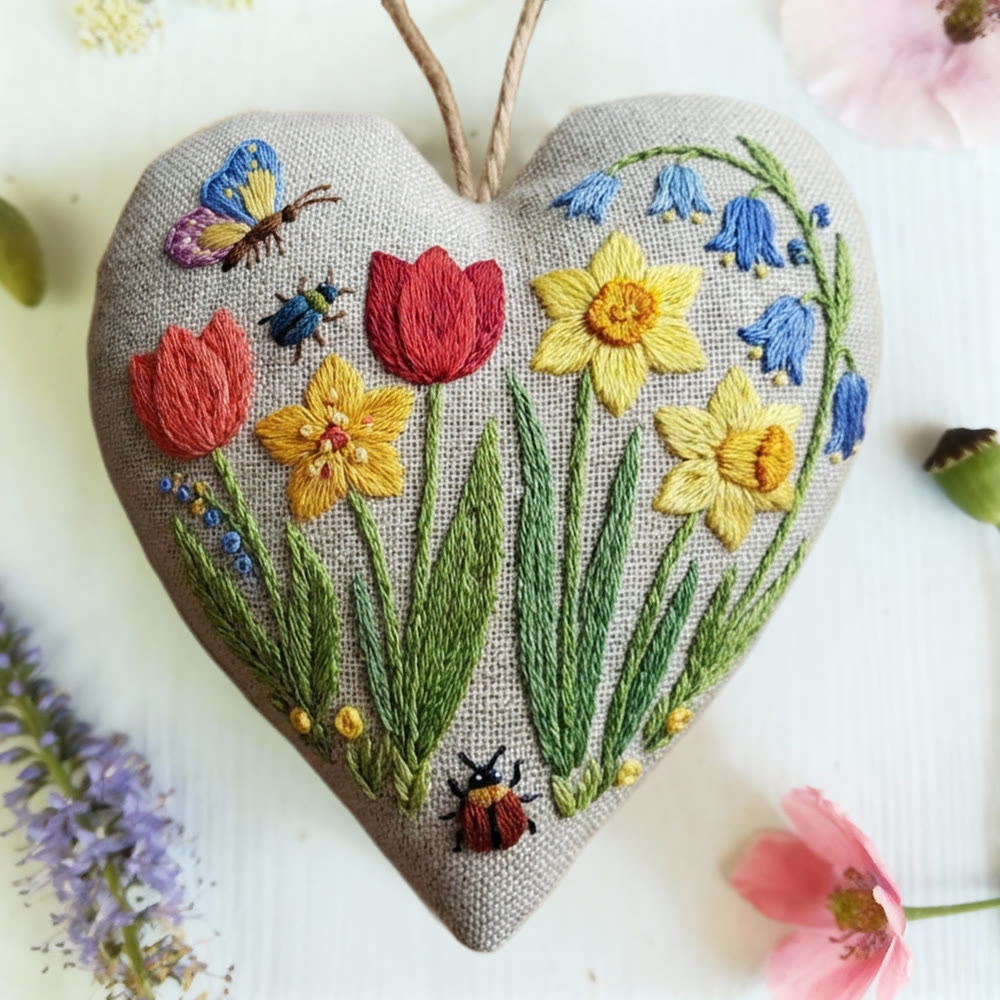 Rubbyoo Heart Embroidery Kit - Spring Tulip Daffodil | Bright Craft Project | Fresh Home Soft Furnish Accent - image 3