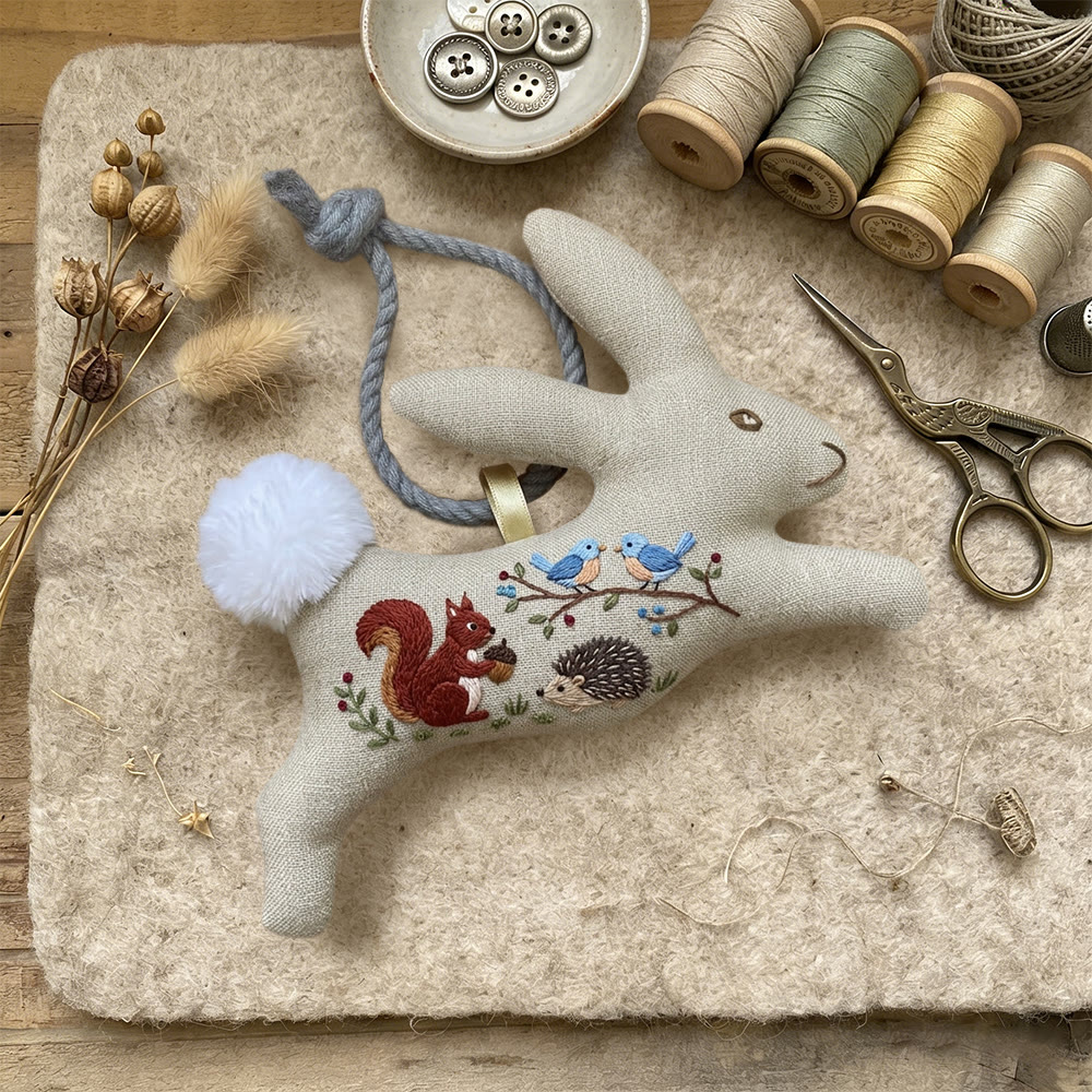 Rubbyoo Rabbit Embroidery Kit - Squirrel Hedgehog Bird Design | Woodland Nursery Gift | Wildlife Scene Hanging Ornament - image 5