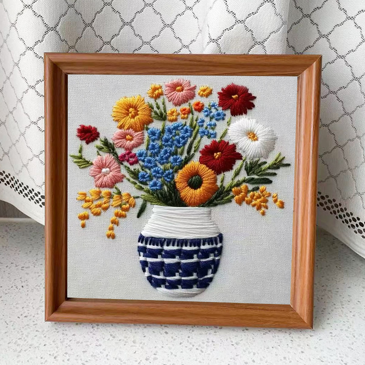 Rubbyoo Embroidery Kit - Checkered Vase Floral Bouquet | Home Hanging Ornament | Novice Decro - Embroidery Kit Plus An Extra Frame - image 4