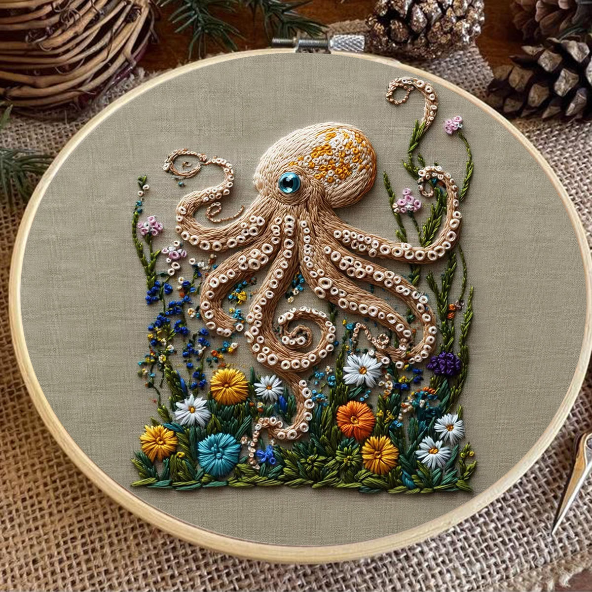 Rubbyoo Embroidery Kit - Textured Octopus With Floral Foliage | Charming Home Accent | Beginner-Approachable Embroidery - image 8