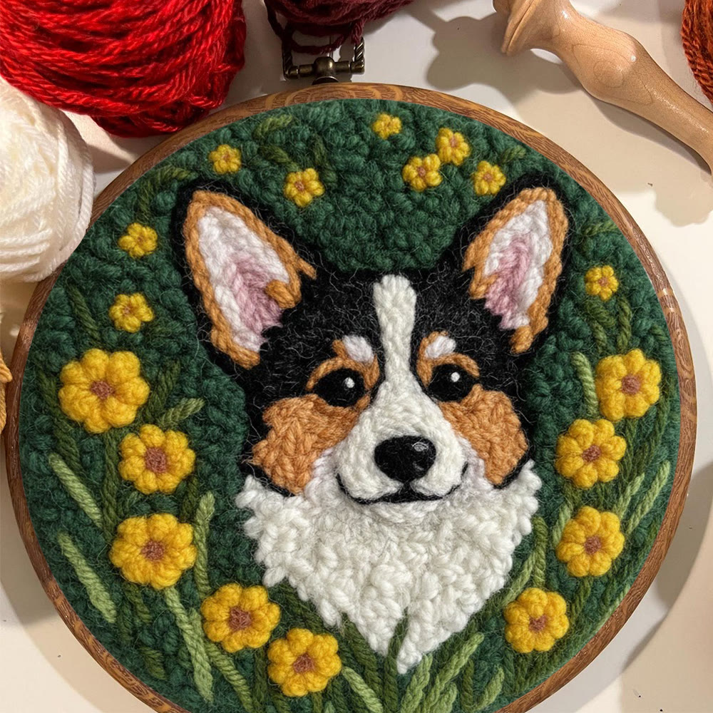 Lively Corgi In Yellow Floral Cluster Punch Needle Kit – Endearing Home Decor | Top Gifting Choice - image 8