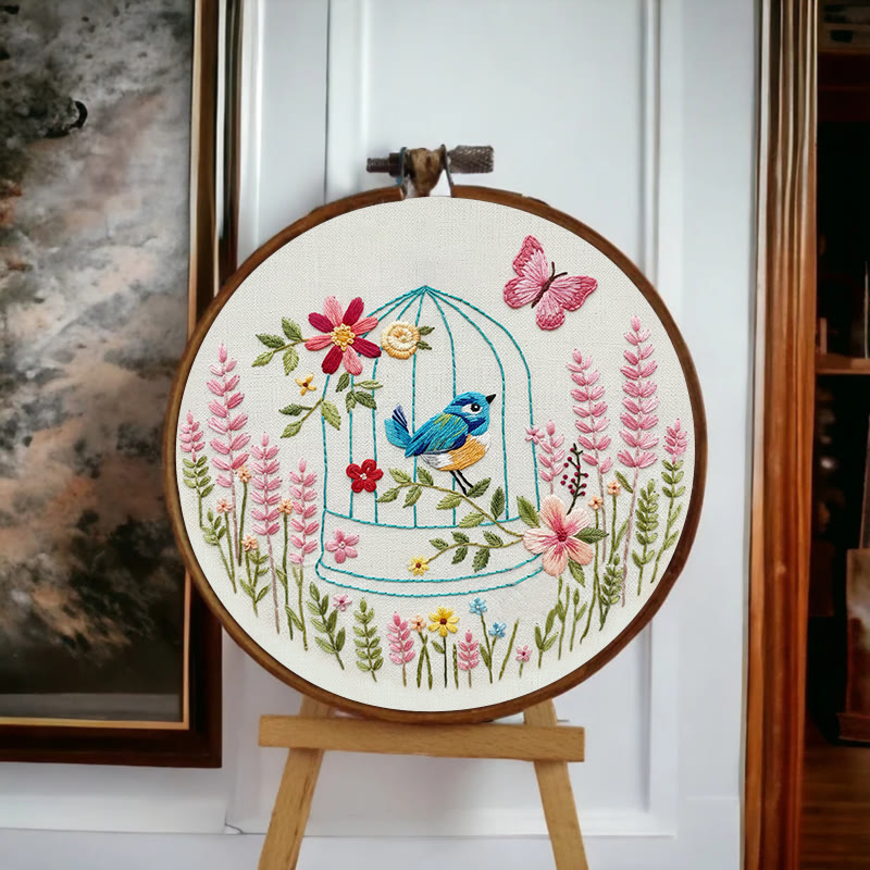 Rubbyoo Embroidery Kit - Bird In A Cage | Floral Handmade Art | Beginner Easy Needlework - image 4