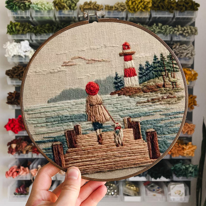 Rubbyoo Embroidery Kit - Coastal Lighthouse Walk with Pet | Nestlike Craft | Presentable Warm Living Wall Art - image 6
