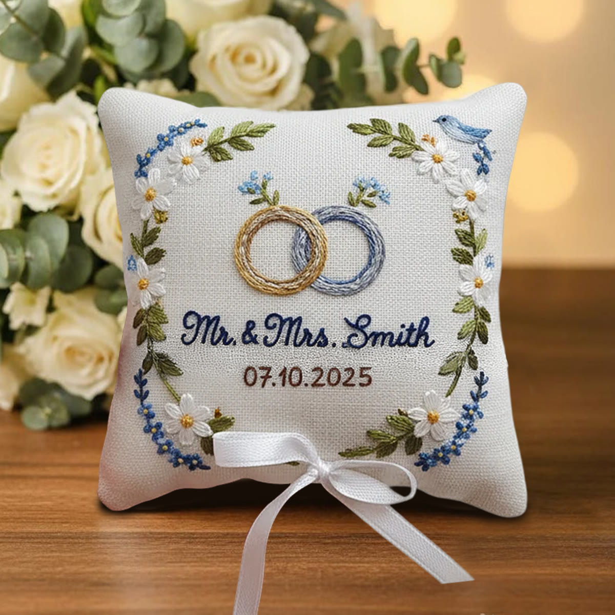 Rubbyoo Personalized Ring Bearer Pillow Embroidery Kit - White Daisy And Blue Flower Wreath | Beginner Diy | Weddings Anniversaries - image 7