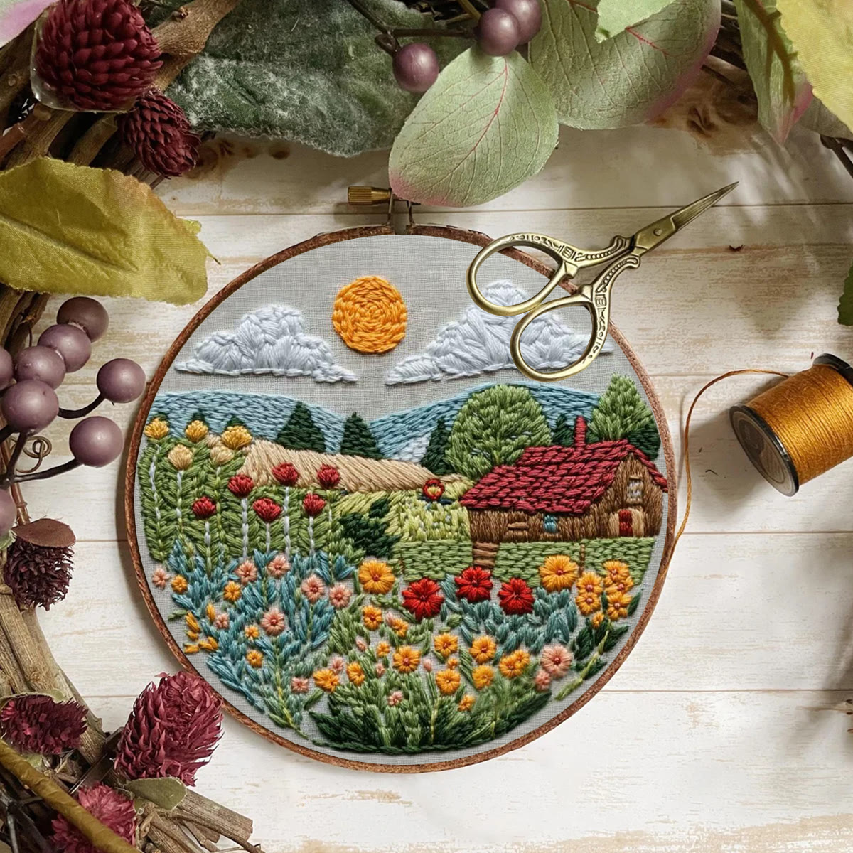 Rubbyoo Embroidery Kit - Sunlit Flower Field Cottage | Vibrant Indoor Wall Accent | Top Gifting Option - image 8