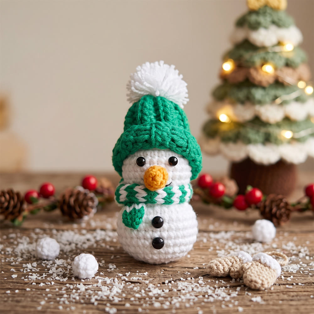 Rubbyoo Cute Crocheted Snowman - Handmade Christmas Crochet Ornament | Cozy Holiday Keychain Gift  - Green - image 3