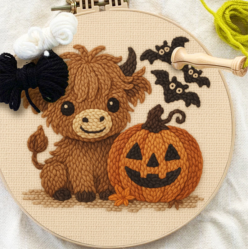 Cow Wtih Pumpkin Punch Needle Kit - Halloween Animal Decor | Diy Hoop Artwork - image 3
