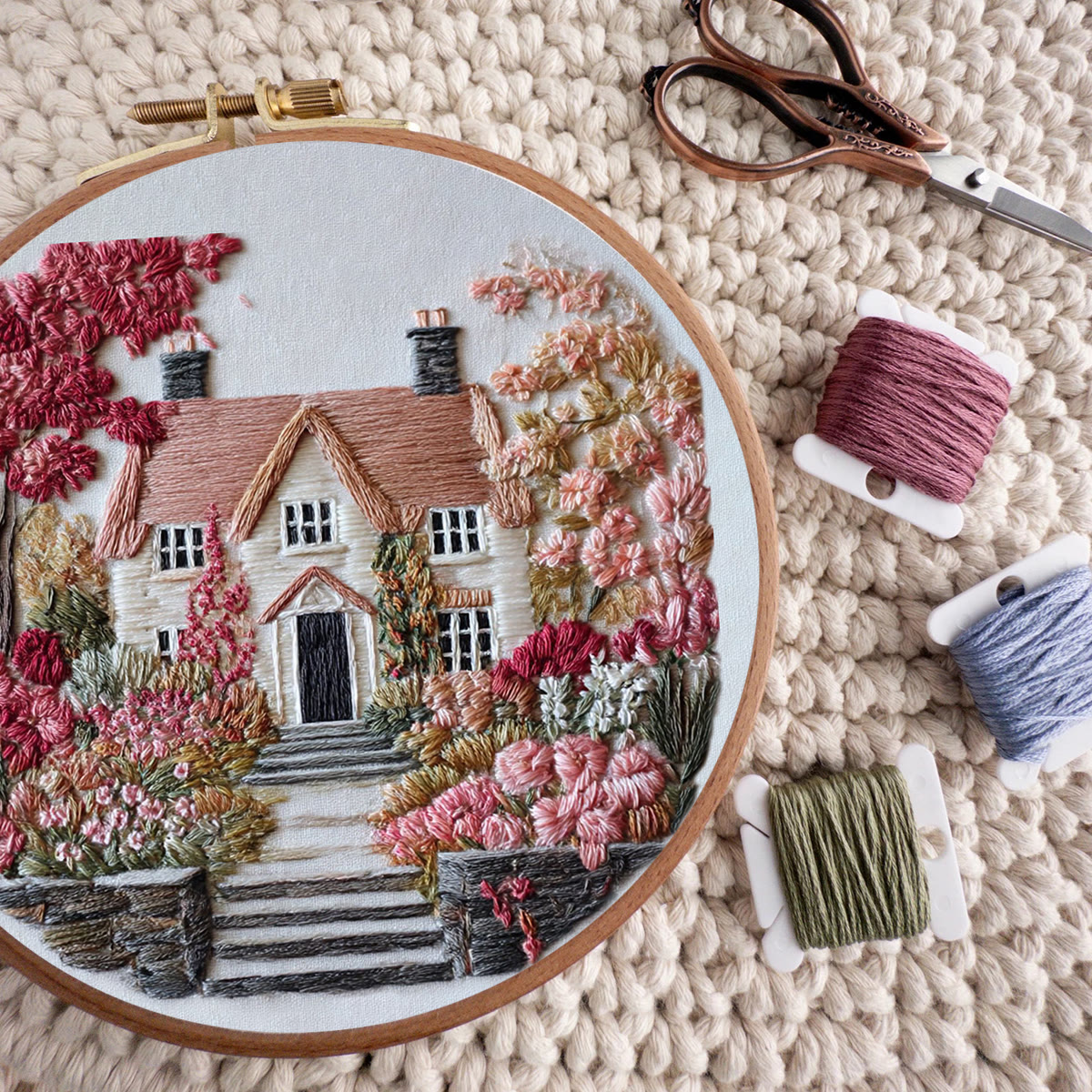 Rubbyoo Embroidery Kit - Autumn Floral Cottage | Relaxing Craft Activity | Inviting Home Touch - image 10