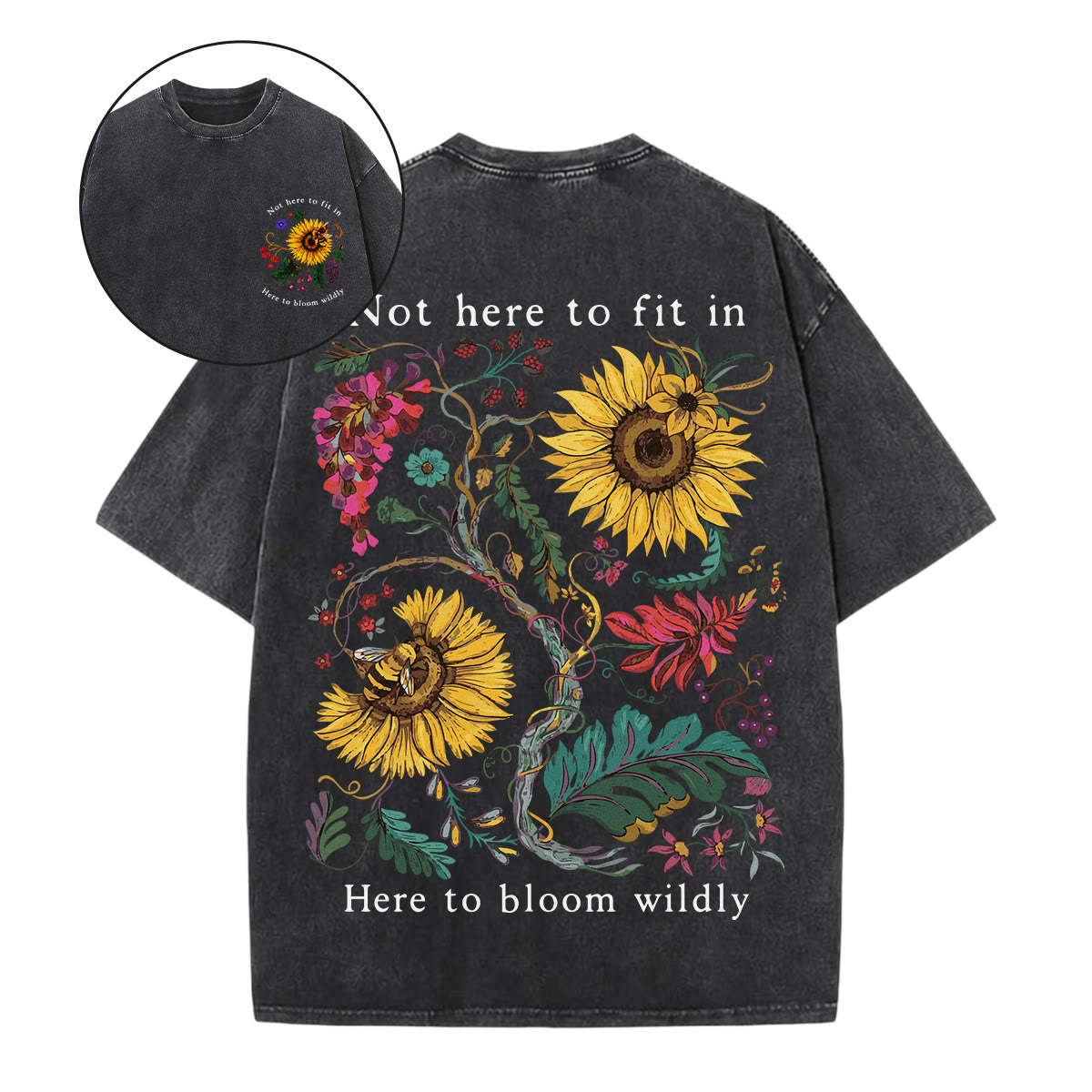 Rubbyoo Not Here To Fit In Double Sided Unisex Washed T-shirt  Artistic Floral Shirt - Black - 5XL - image 1