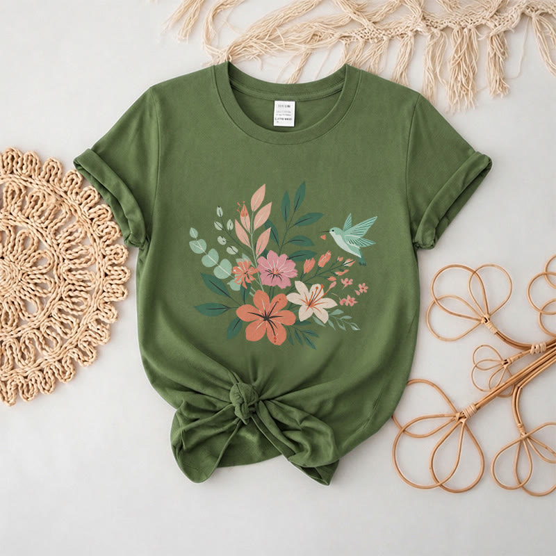 Rubbyoo Wonderful Garden  Graphic Tee  - Artistic  Hummingbird & Flower Pattern  | Summer Lightweight Casual Wear - Army Green - 2XL - image 10