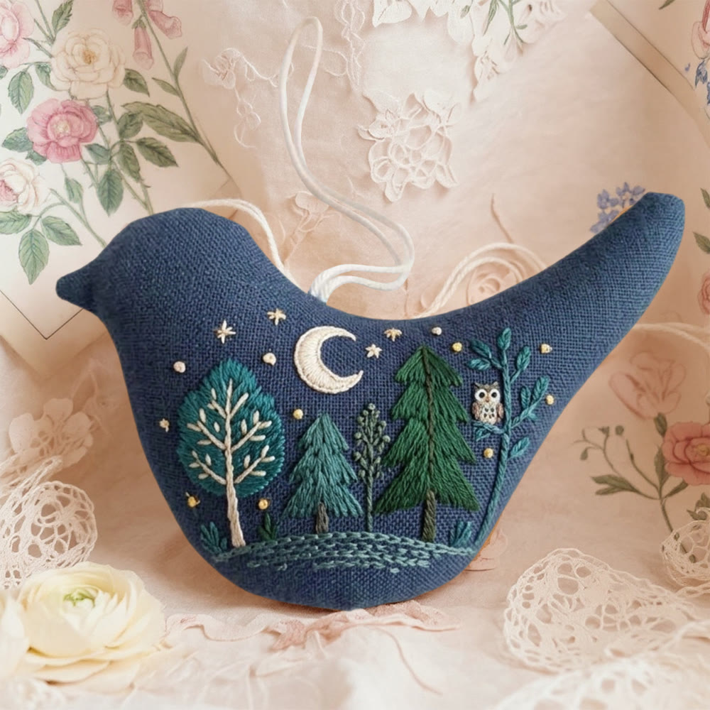 Rubbyoo Bird-shaped Embroidery Kit - Forest At Night | Bird Sewing Pattern | Diy Handmade Art  - 6 inches hoop kit - image 1