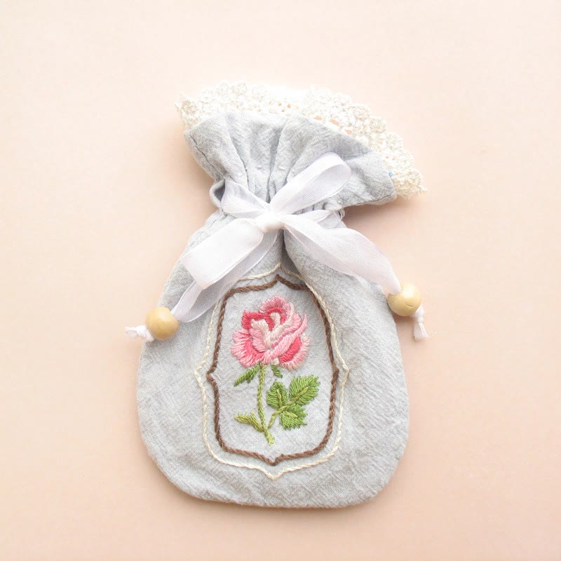Embroidery Mini Drawstring Pouch Kit | Unique Floral Craft | Perfect Birthday Gift For Her - Rose - Blue bag - image 9