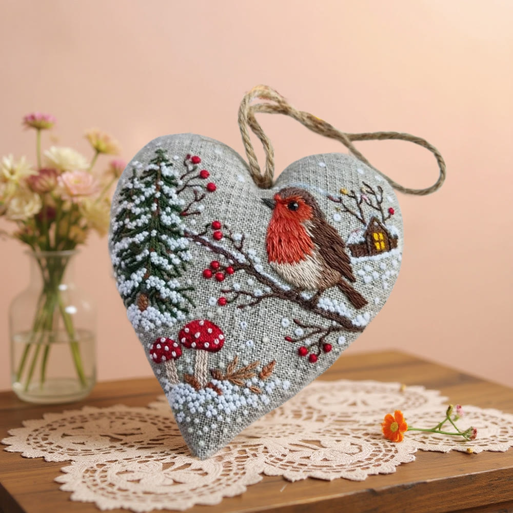 Rubbyoo Heart Embroidery Kit - Winter Robin With Snow | Cozy Handstitched Diy | Warm Seasonal Decor Pendant - image 5