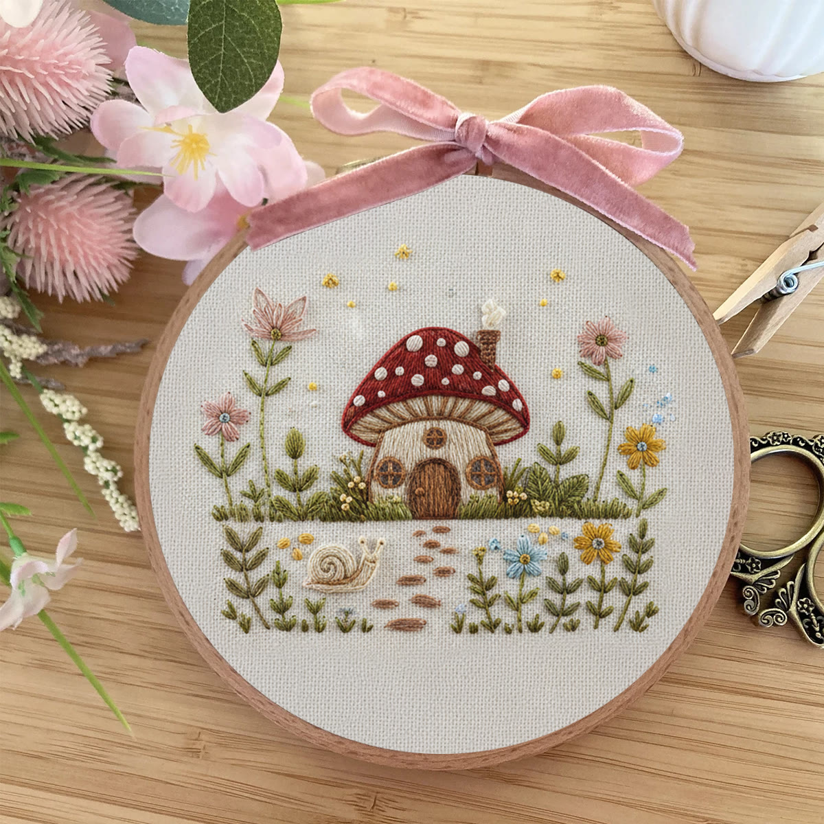 Rubbyoo Embroidery Kit - Mushroom Cottage Scene | Gift For Her Decor Piece | Beginner Embroidery Handcraft - image 6