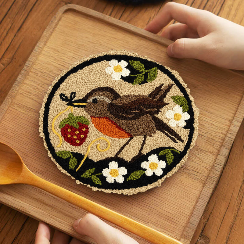 Strawberry Bird Punch Needle Kit - Diy Needle Yarn Craft | Beginner Handmade Art - 5 inch Coaster Kit - image 12
