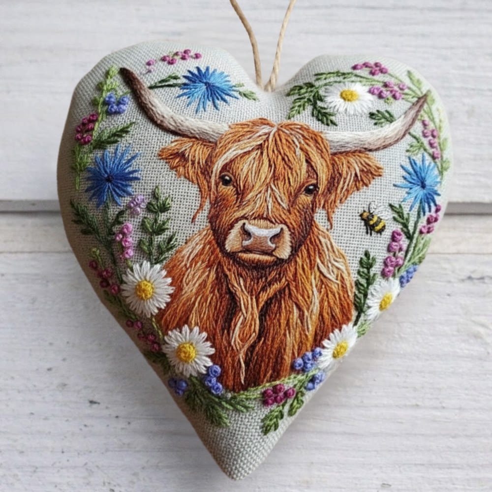 Rubbyoo Heart Embroidery Kit - Highland Cow And Wildflower | Whimsical Craft | Rustic Gift Pick - 6 inches hoop kit - image 8