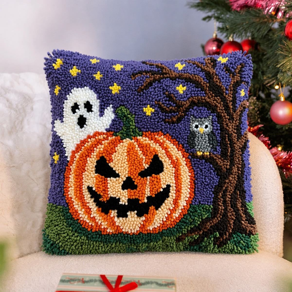 Rubbyoo Latch Hook Pillow Kit - Ghost With Pumpkin | Spooky Home Party Decorations | Diy Halloween Pillow Cover - image 4