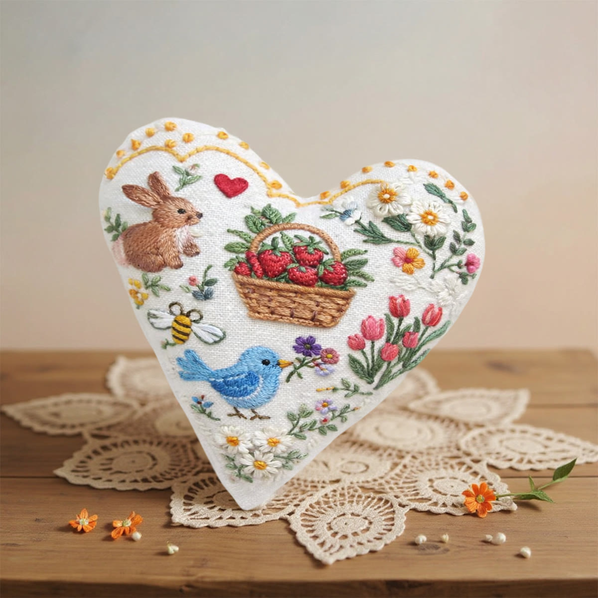 Rubbyoo Heart Embroidery Kit - Bunny Strawberry Basket Bird | Newbie-friendly Diy Project | Elegant Embroidered Hanging Ornament - image 3