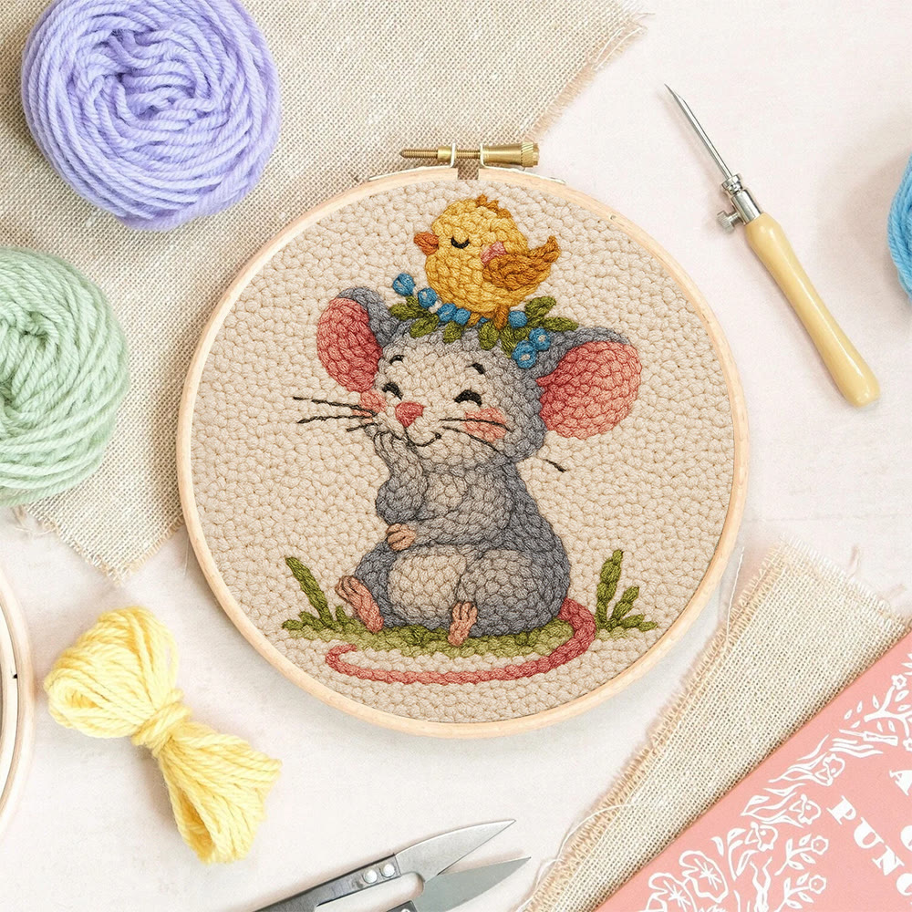 Smiling Mouse With Chick Punch Needle Kit - Adorable Animal Craft For Child | Nice Birthday Handicraft - image 10