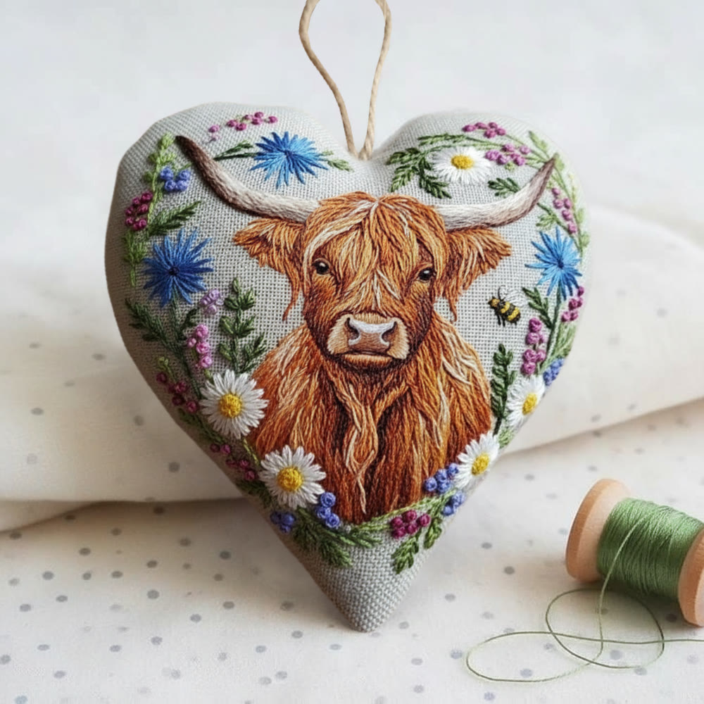 Rubbyoo Heart Embroidery Kit - Highland Cow And Wildflower | Whimsical Craft | Rustic Gift Pick - image 4