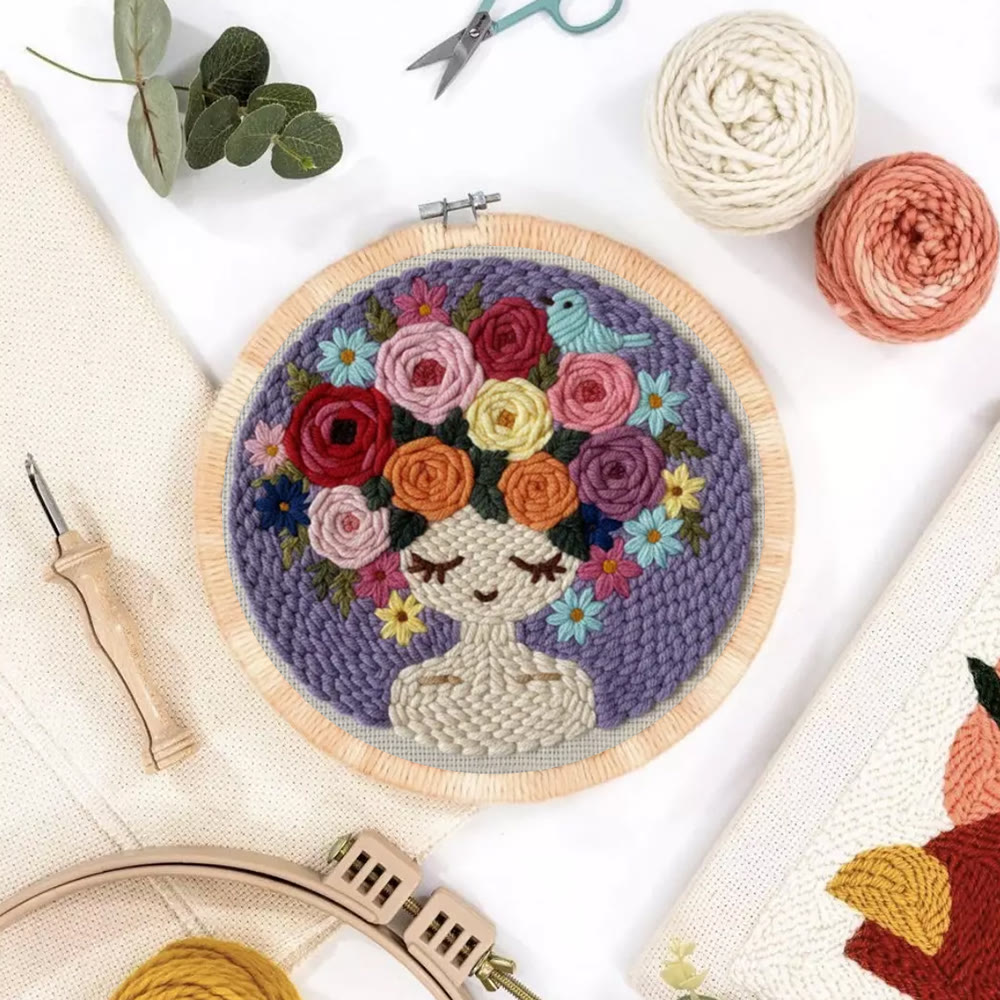 Pastel Floral Portrait With Bird Punch Needle Kit – Artistic Handcraft DIY Work | Elegant Home Decor - image 9