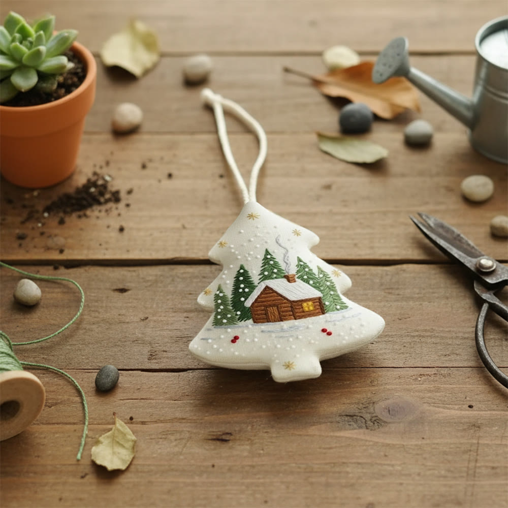 Rubbyoo Tree-shaped Embroidery Kit - Snowy Cabin Pines | Easy Starter Handiwork | Warm Holiday Decor - image 6