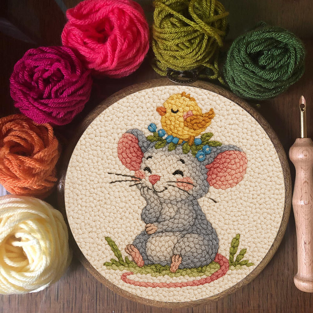 Smiling Mouse With Chick Punch Needle Kit - Adorable Animal Craft For Child | Nice Birthday Handicraft - image 7
