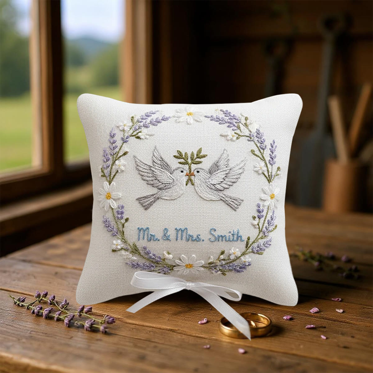Rubbyoo Personalized Ring Bearer Pillow Embroidery Kit - White Doves Lavender Daisy Wreath | Creative Ring Pillow | Memorable Moments Gift - image 7