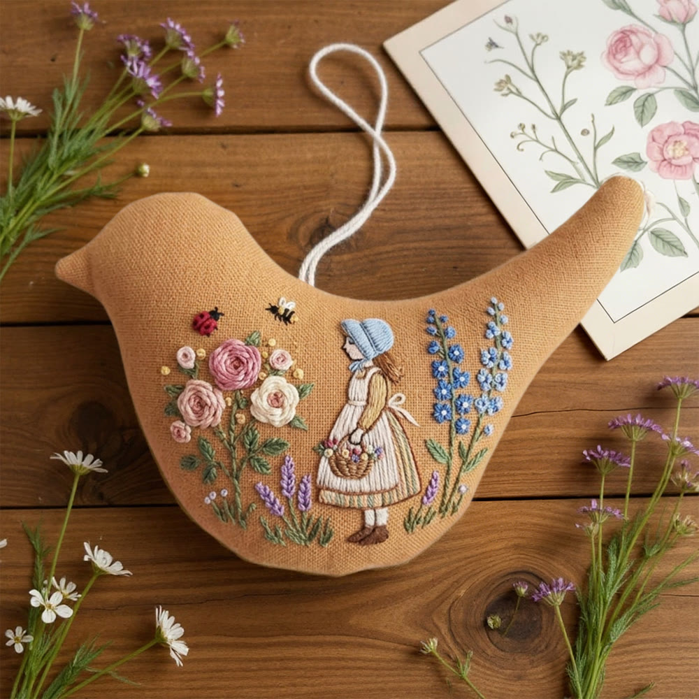 Rubbyoo Bird-shaped Embroidery Kit - Girl In Garden Embroidery | Cottagecore Gift | Bedroom Decor - image 2