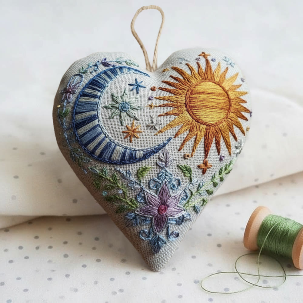 Rubbyoo Heart Embroidery Kit - Sun & Moon |  Folk-Art Style DIY Needlework | Nature Lover's Heart Ornament - image 2