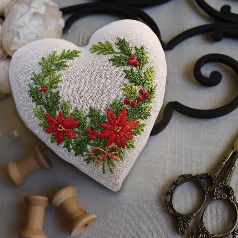 Rubbyoo Heart Embroidery Kit - Christmas Wreath | Floral Handmade Craft | Nice For Christmas Tree Decor - image 4